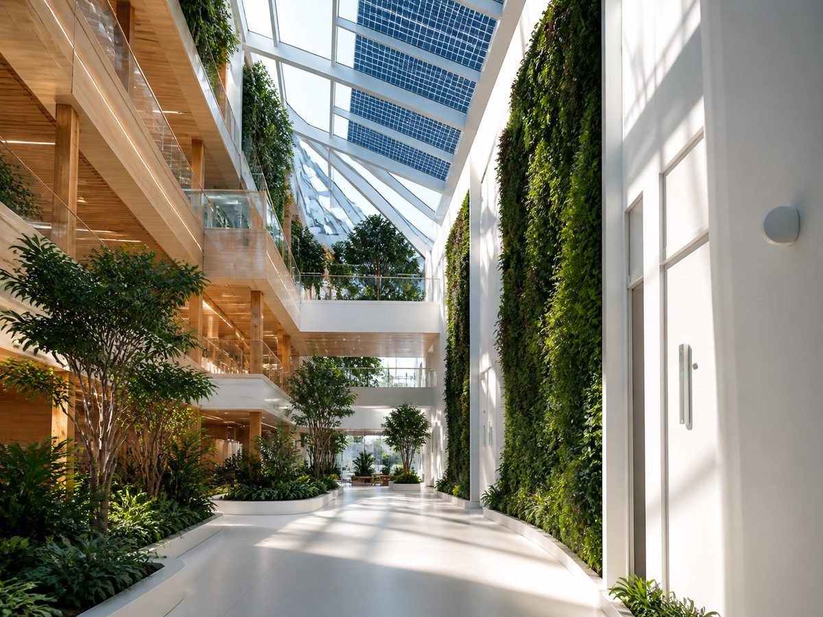 Green building atrium with daylight, planting and solar glazing (illustrative)
