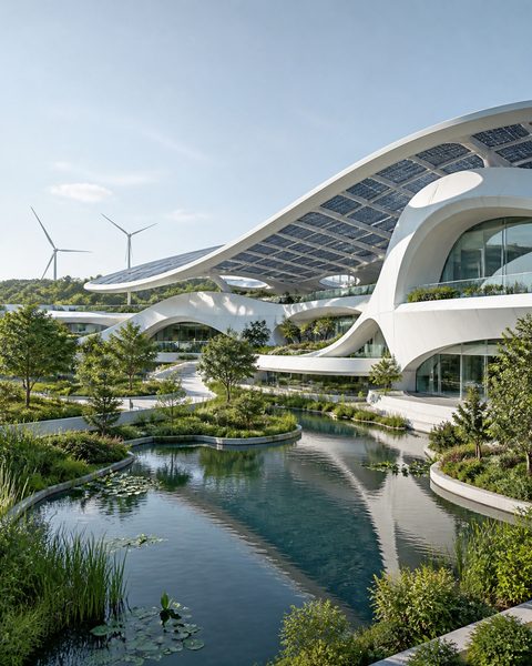 Sustainable campus with solar roof and wind turbines (illustrative)