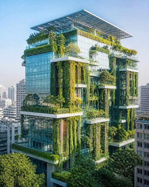 Green building with vertical gardens and rooftop solar (illustrative)