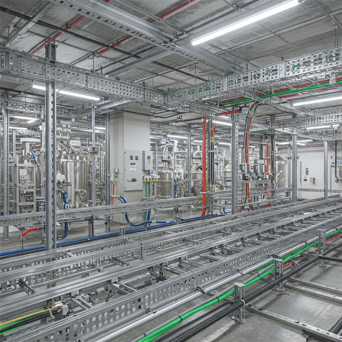 Generated scene of perforated cable trays in a process plant
