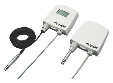 Two Pioneer temperature and humidity transmitters, one with a cable probe and one with a stem probe